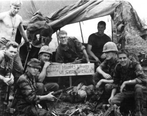From left Standing, unknown, Little John Hardesty, Richard Turbitt KIA 468, Signal Hill A Shau Valley, Bill Hand, Ron Bitticks, Unknown, Don Van Hook and Tom Ford. Photo from Tom Ford via e-mail